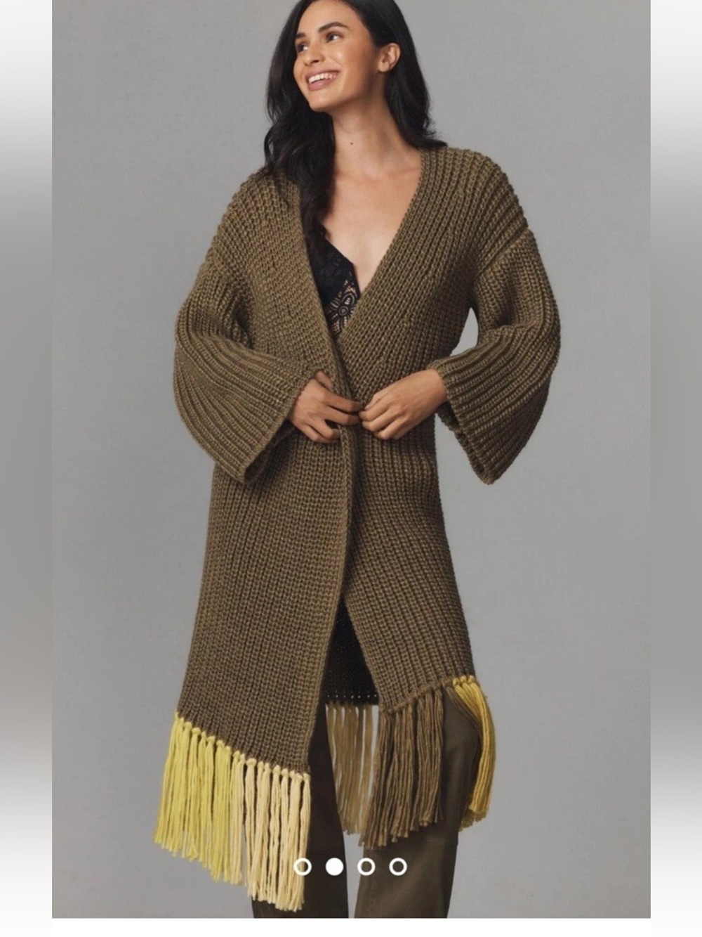 Anthropologie Long Fringe Cardigan Sweater Open Front Knit Olive O/S